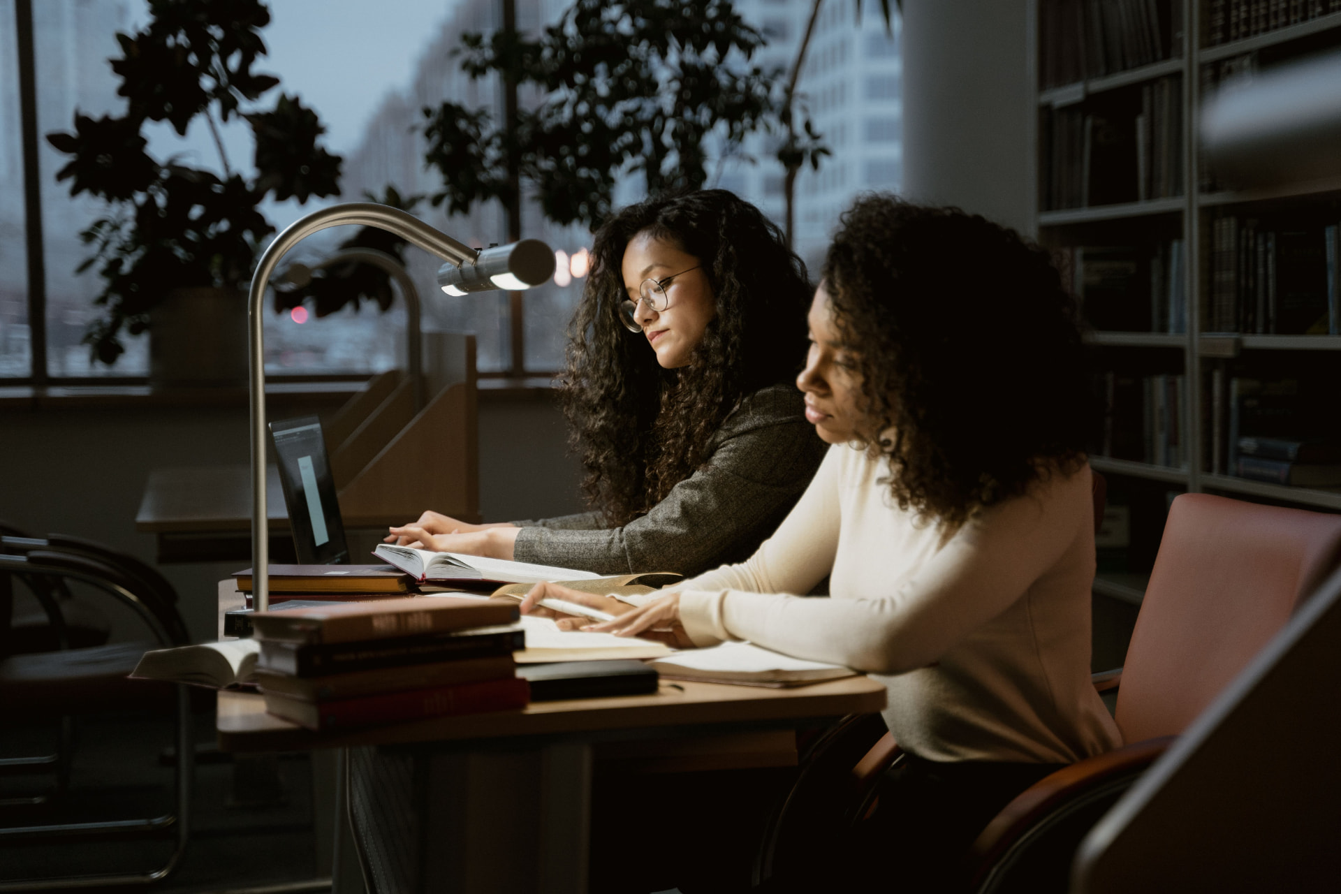 Two researchers working side by side at a library desk at dusk, a laptop and stacked books under a reading lamp